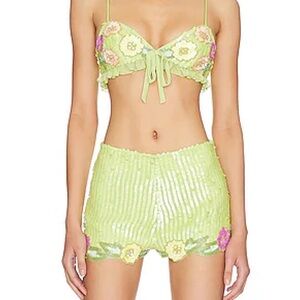 Majorelle Cal Sequin Floral Green Shorts